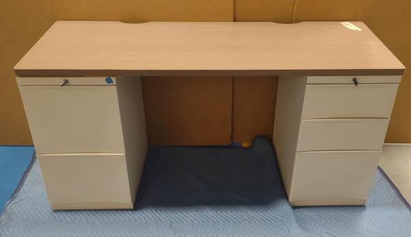 84w X 30d Tan Table Desk w/ White 2 & 3 Drawer Locking File 1