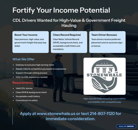 💥 TEAM CDL DRIVERS WANTED – HAUL HIGH-VALUE & GOVERNMENT FREIGHT 💥 1