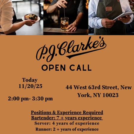 PJ Clarkes Server, Bartender, Host & Runner OPEN CALL 1