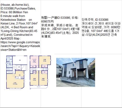 Price:  Yen60,900,000(House, ab-home.biz ),Keisei-koiwa Station京成小岩车 1