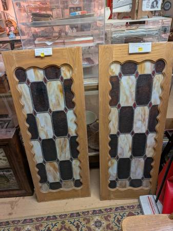 2 Stained glass cabinet doors slag caramel vintage 1