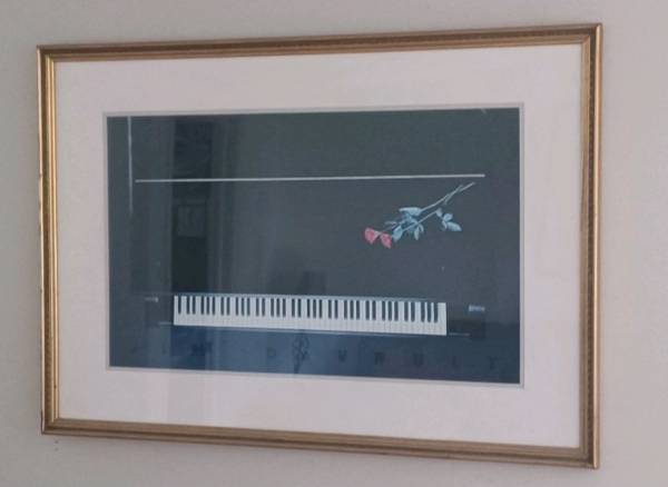 Large "Piano and Red Rose" Deco print by Jim DeVault. 48" by 34 ". In 1