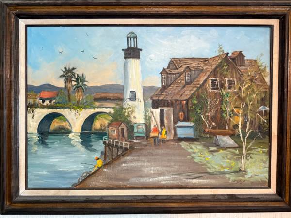 Channel Islands Harbor Lighthouse - oil on canvas & frame (best offer) 1