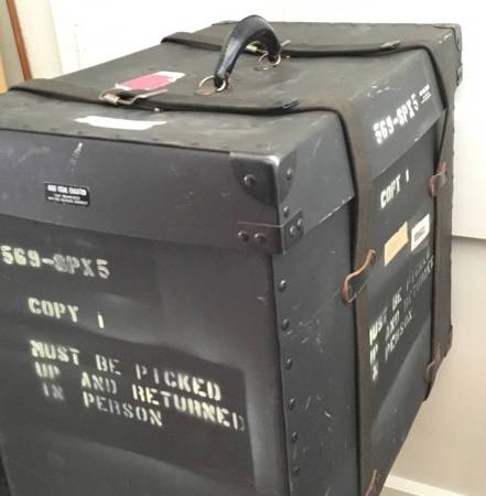 Large Vintage Transport Box with a Leather Handle and Canvas Straps 1