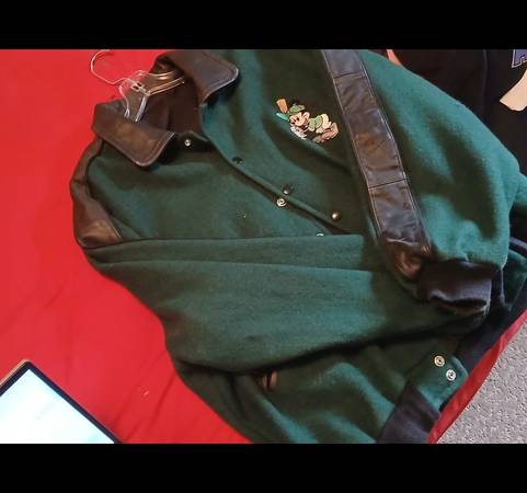 Vintage 90's Disney Bomber Jacket , Green Leather Wool - LARGE 1