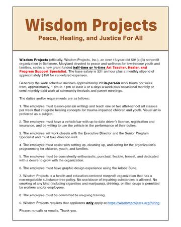 Wisdom Projects is hiring an Art Teacher, Healer & Program Supporter! 1