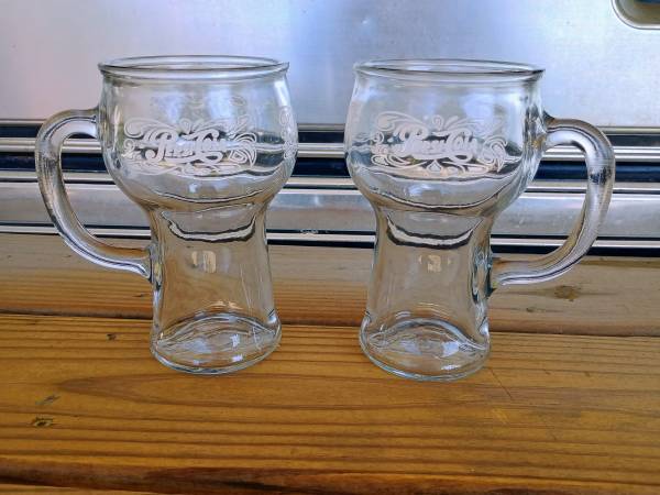 Vintage 1970’s Pepsi Cola Soda ~ Heavy Glass Mugs w/ Handle * lot of 2 1