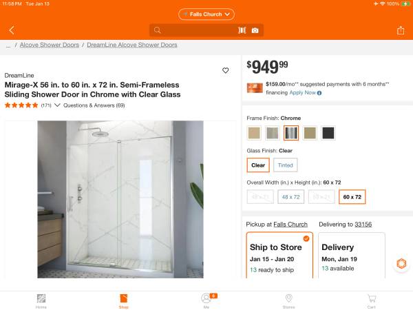 Used/LIKE NEW—UPSCALE SLIDING GLASS SHOWER DOOR—56-60”Wx72”H 1