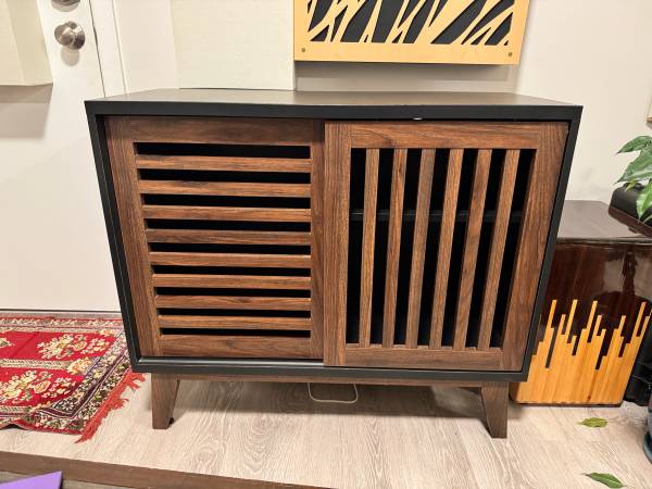 Midcentry modern storage cabinet with sliding doors - walnut & black 1