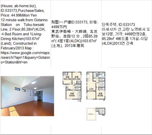 Price:  Yen44,990,000(House, ab-home.biz ),Gotanno Station五反野车站,고탄 1