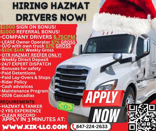 💲CDL A HAZMAT DRIVERS $.75CPM $3000/WK - HAZ OW/OPS $10K-$14K GROSS💲 1