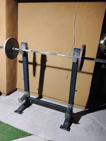 Compact Self Standing Squat Rack With 45Lb Barbell Weight Plates 1