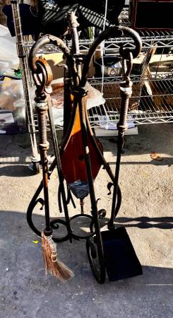 Vintage Wrought Iron Fireplace Tool Stand and Tools. 1
