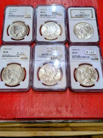 6 Super Peace Silver dollar coins, all NGC certified 1921, 27 S etc 1