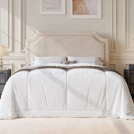 Queen Size Bed Frame, Upholstered Platform Bed with Streamlined Adjustable Headb 1