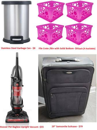 Garbage Can, Storage Bins, Hoover Vacuum & Samsonite Suitcase 1