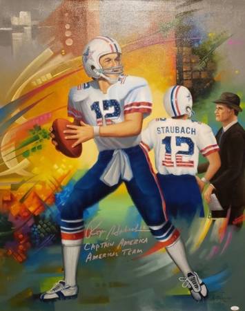 Autographed/Signed Roger Staubach Original Oil on Canvas Painting JSA 1