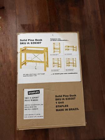 Solid pine desk from Staples, new in the original box and never assembled $80 ob 1