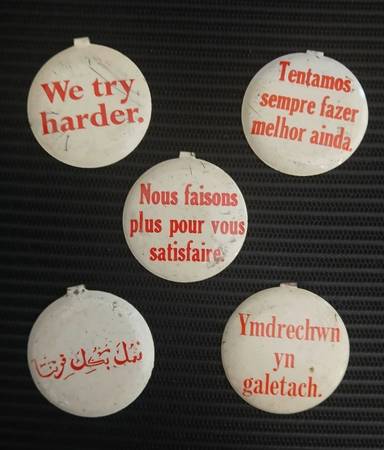 Vintage 1960s Avis Rent-A-Car "We Try Harder" Metal Tab Buttons 1