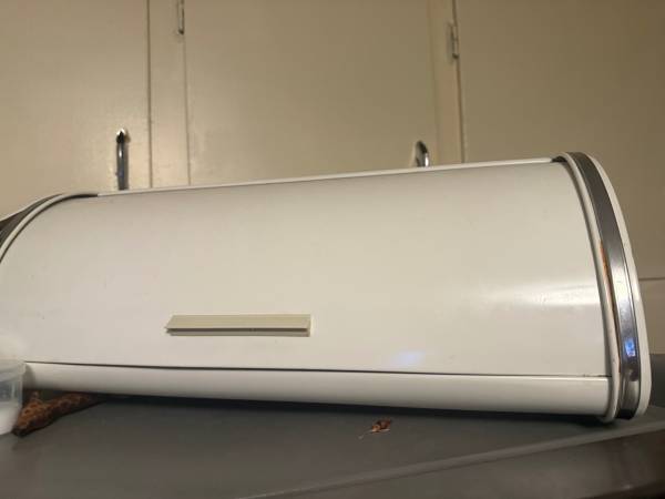 Metal bread box and salmon falls pottery 1