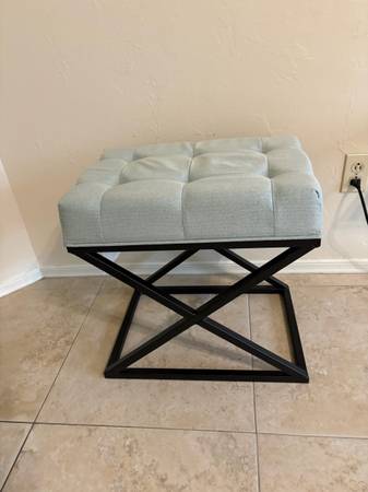 Great clean light green tufted fabric ottoman -footstool on black metal x base 1