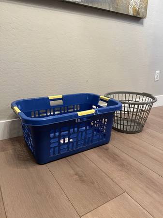 TWO- XL Laundry Baskets- 1 Blue Heavy Duty Sterilite Basket- 1 Grey Round Basket 1