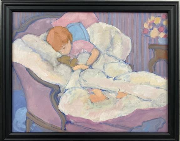 Sleeping Boy w/ Teddy Bear Framed Painting 14" x 18" 1