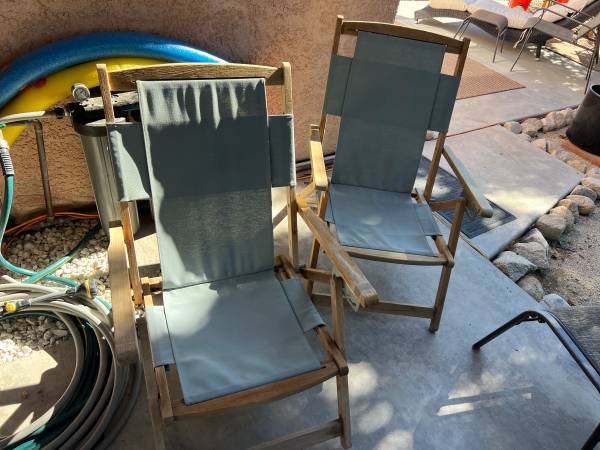 2 beach chairs, recline multi positions, wood frame, fold flat 1