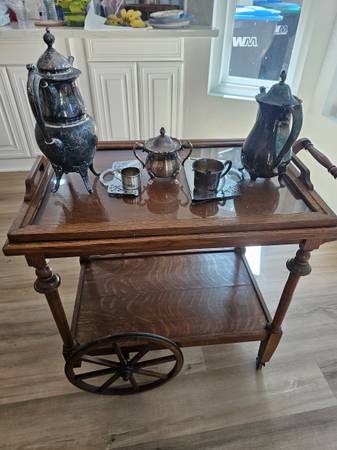 Vintage Solid Oak Tea Cart w/ Silverplate Tea & Coffee Service – Compl 1