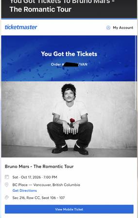2x Bruno Mars Tickets - October 17 1