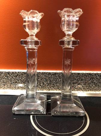 Antique Pair of Etched Glass 10 Inch Candle Sticks 19th Century 1