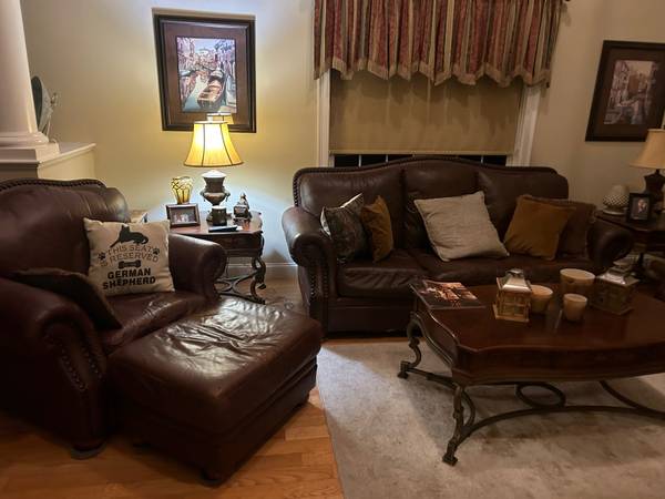 selling ottoman s. , couch , leather living room set with tables 1
