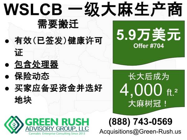 WSLCB T3 大麻生产商/加工商许可证出售，编号 #703 1