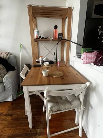 Shelf, dining table, folding chair, lamp -- Ikea 1