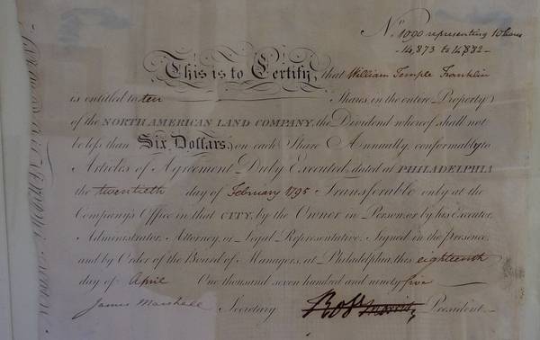 1795 Stock Certificate in N. Am. Land Co. Signed by Robert Morris - $1,250 (Plymouth Meeting)63471187086595121
