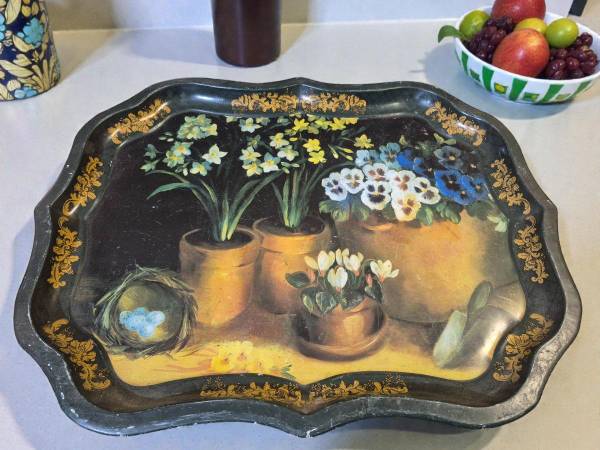 Vintage Toleware Serving Tray, Lucy Neil Floral Painting, 1993 1