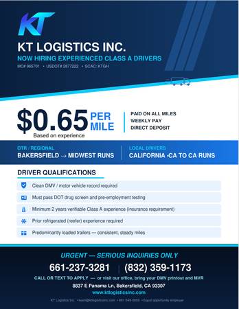 🚛 CLASS A REEFER DRIVERS – $0.65/MILE – LOCAL CA & CA TO MIDWEST 1