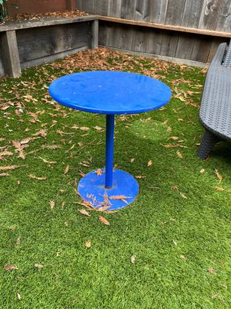 Backyard side tables, have 2, blue, 16.5 in diam/18 in tall, have rust 1