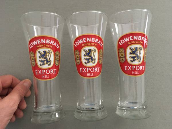 LOWENBRAU MUNCHEN EXPORT HELL BEER GLASS 9 INCHES SET OF 3 1