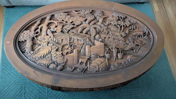 Vintage Chinese Carved Teak Wood Oval Coffee Table w/ 6 Nesting Stools 1