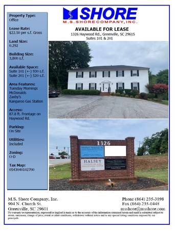 $1,500 / 930ft2 - Office Space for Lease | (+-) 520 s.f. & (+-) 930 s.f. (Greenville)63783811744771120