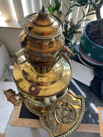 Antique Brass Persian Samovar Tea Kettle Tray 1