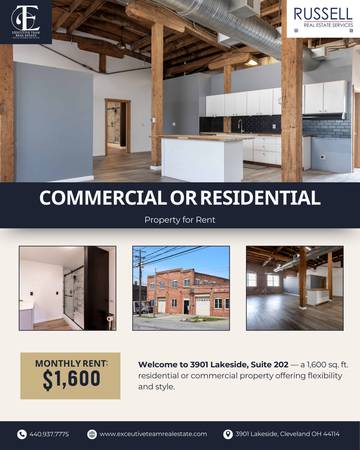 $1,600 / 1br - 1600ft2 - Commercial or Residential Apartment for Rent - Close to Downtown Cleve (Cleveland)63860363578625120