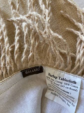 Ballard designs burlap tablecloth with fringe lined in 100% cotton 96” 1