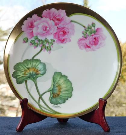 Beautiful Antique Bavaria Hand Painted Pink Geranium Flower Plate 1