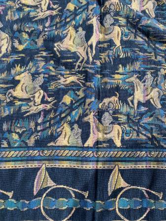 Vtg Goodwin Weavers Throw Blanket Fox Hunting Horse Horns Tapestry USA 1