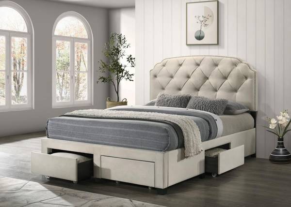New Upholstered Queen Bed with Four Storage Drawers! 1