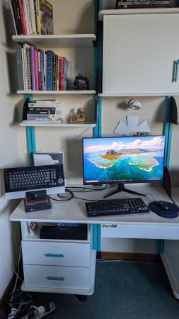 ✅Wall Unit Cabinets with Drawers White with Teal Railings 1