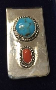 Turquoise/Coral STERLING Silver NAVAJO Money CLIP 1