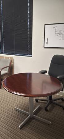 Circular Round Wood table w/ metal base 1